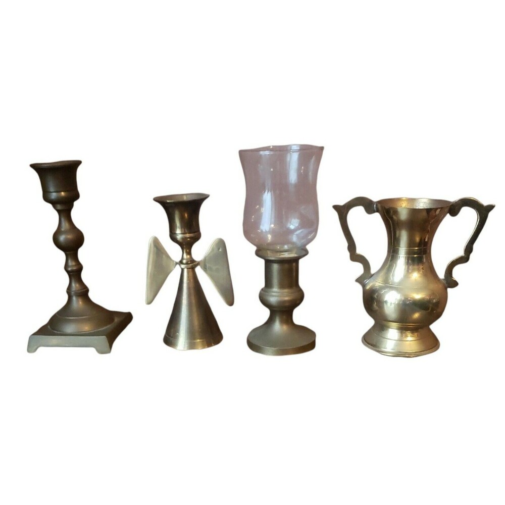 Vintage Brass Lot Four Pieces Candle Holders and Vase See Photos